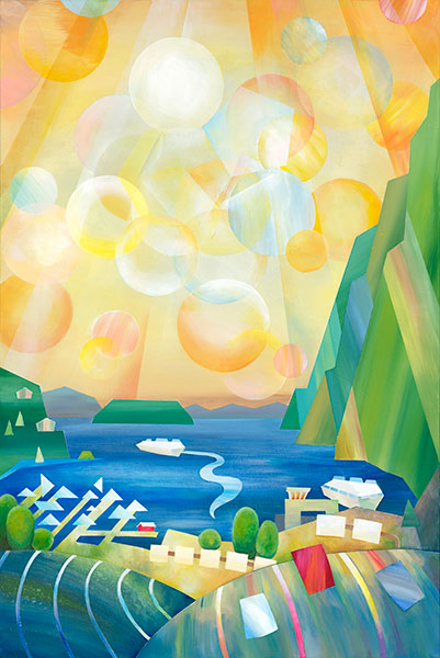 Quirkily abstract painting of Horseshoe Bay showing the terminal, marina, and the view up the Howe Sound Inlet