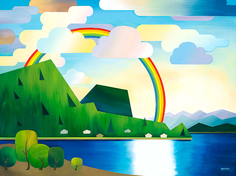 Rainbow over Mount Killam on Gambier Island as seen from Hopkins Landing. Cheerful and side-scroller inspired style.